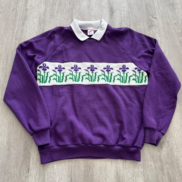 Jerzees Tops - Vintage Purple Iris Floral Collar Sweatshirt XL Made in USA Cottagecore Granny